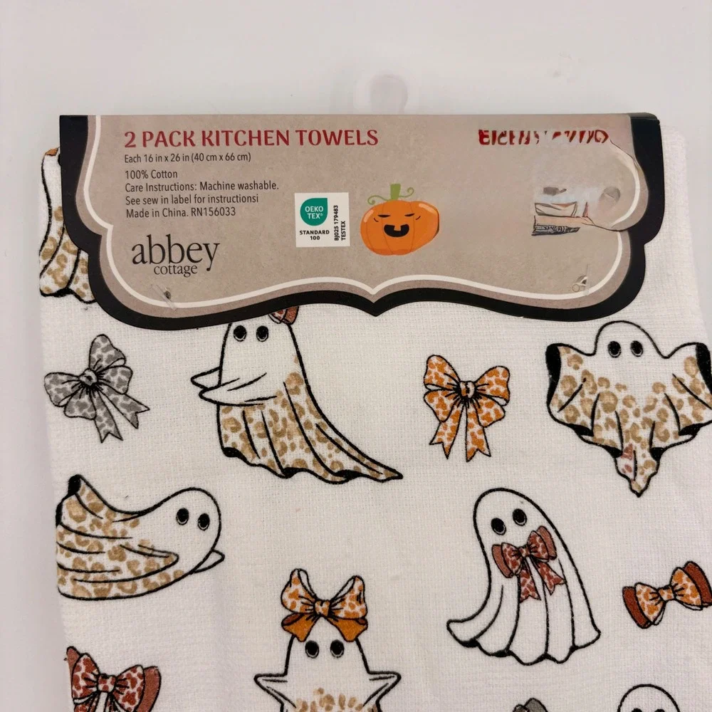 Abbey Cottage Halloween Ghost Leopard Bow Kitchen Towels 2 Pack 16x26 Cotton NEW
